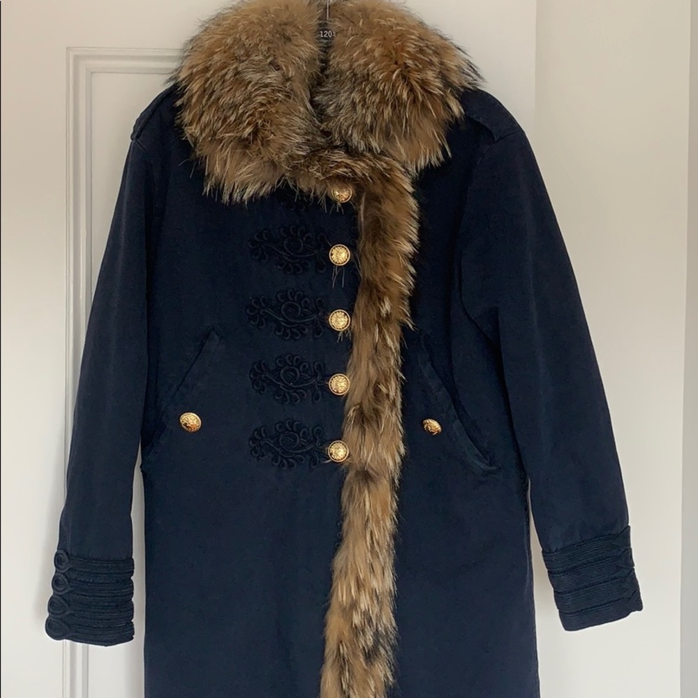 Authentic raccoon fur navy coat